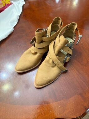 Dolce Vita Tan Suede Pointed Ankle Booties with Buckle Straps